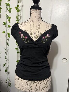 Black V-Neck Floral Embroidered Women's Top